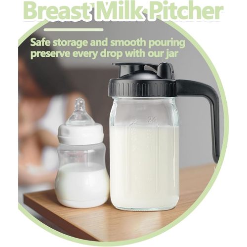 32oz Glass Pitcher with Lid & V-shaped Pour Spout - 1 Quart Breastmilk Pitcher Double Leak Proof, Creamer Container for Sun Tea, Juice, Cold Brew Coffee, Breastmilk Storage Container