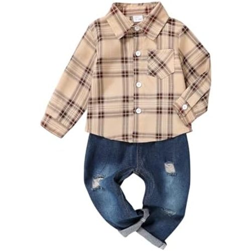 2Pcs Baby Boys Girls Toddler Kids Red Plaid Flannel Shirt Elastic Waist Ripped Holes Soft Jeans Outfit Set