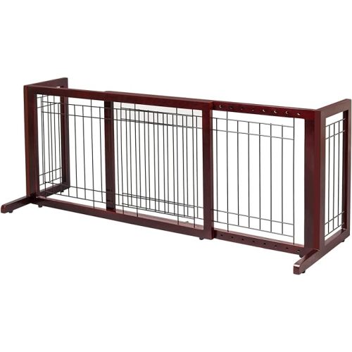 Bonnlo Free Standing Gate, 37" - 68" Wide Gate for Fireplace Stairs Doorways, Wooden Adjustable Fence Indoor, Christmas Tree Gate (Cherry)