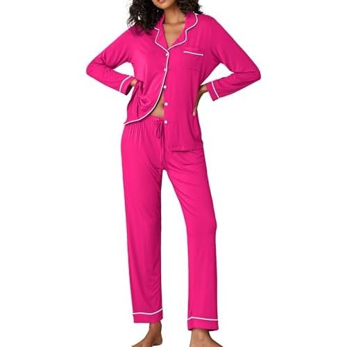 Ekouaer Pajamas Women's Long Sleeve Sleepwear Soft Button Down Loungewear Pjs Lounge Set Nightwear XS-XXL