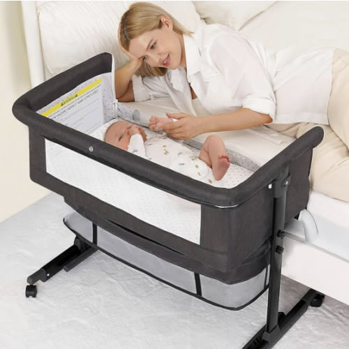 Baby Bassinet, 3 in 1 Bedside Bassinets for Baby, Bassinet Bedside Sleeper with Wheels, Adjustable Height with Rocking Mode, Breathable Mesh, Storage Basket, Easy Assemble & Folding (Dark Gray)