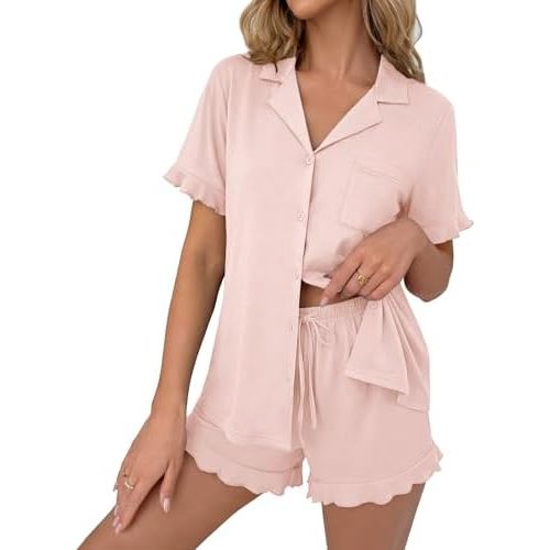 Ekouaer Pajamas Set for Women Button Down Pjs Lounge Sets Ruffle Short Sleeve Sleepwear Cute Loungewear