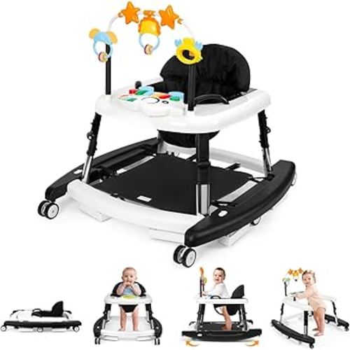 5-in-1 Music and Lights Baby Walker Foldable with 5 Adjustable Heights, Baby Walker with Wheels and Bouncer Combo Portable, Infant Toddler Walker for Baby Boy Girls 6-18 Months