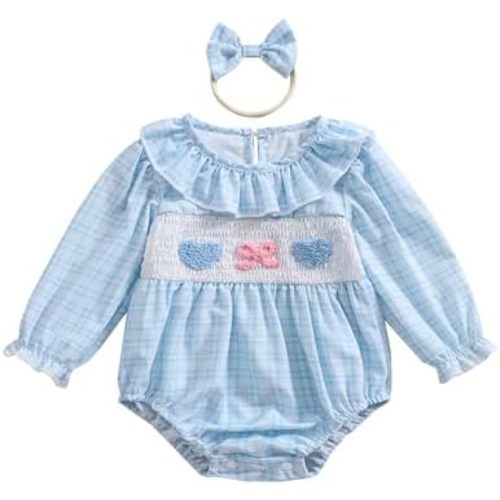Infant Baby Girl Embroidered Romper Peter Pan Collar Long Sleeve Plaid Bubble Bodysuit Newborn Girl Outfit