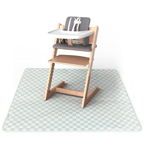 Tiny Twinkle Splat Mat for Under High Chair or Table | 51" x 51" Waterproof & Mess-Proof High Chair Mat for Baby, Machine Washable for Mealtime or Art(Sage Checkers)