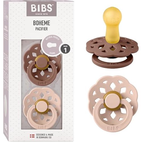 BIBS Pacifiers - Boheme Collection | BPA-Free Baby Pacifier | Made in Denmark | Set of 2 Woodchuck/Blush Color Premium Soothers | Size 0-6 Months