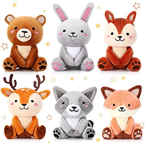 Aoriher 6 Pcs Mini Woodland Animals Plush Toys Gift 4 Inch Cute Plush Bear Rabbit Squirrel Raccoon Stuffed Keychain for Baby Shower Birthday Party Centerpiece Decor Classroom Prizes(Regular Style)