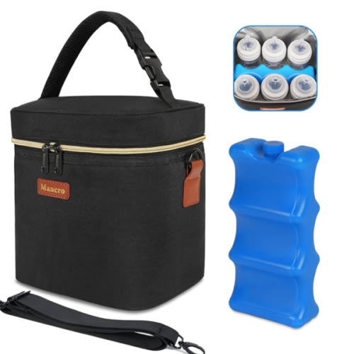 Mancro Breastmilk Cooler Bag with Ice Pack, Fits 6 Baby Bottles Up to 9 Ounce Insulated Baby Bottle Bag, Breast Milk Cooler on The go with Strap, Bottle Storage Bag for Nursing Mom Daycare, Black