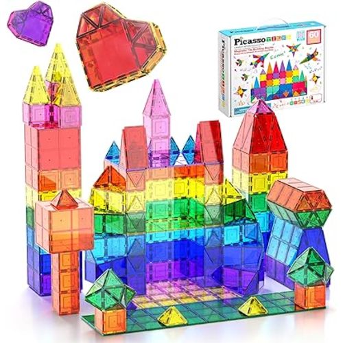 PicassoTiles Magnetic Tiles 60pcs Kids Toys Classroom Sensory Toy for Toddlers STEM Learning Building Blocks, Montessori Pretend Play Magnet Tile Construction Stacking Block Boys Girls Ages 3+ PT60