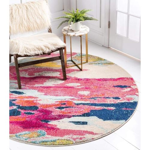 Unique Loom Estrella Collection Light Colors, Abstract, Modern, Vibrant Area Rug, 6 ft, Pink/Ivory