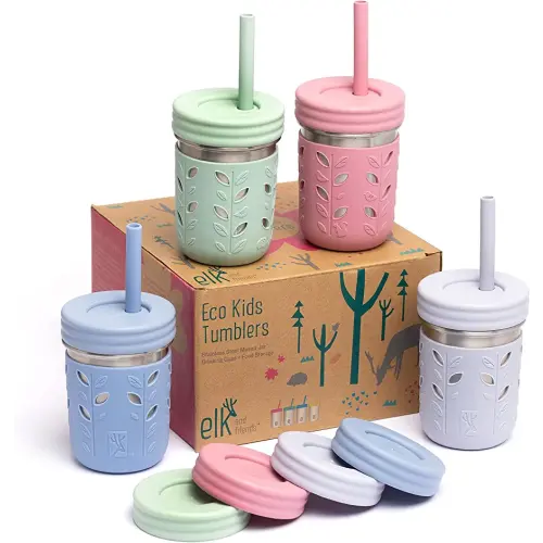 Elk and Friends Stainless Steel Cups | Mason Jar 10oz | Kids & Toddler Cups with Silicone Sleeves & Straws with Stopper | Spill proof Smoothie Cups