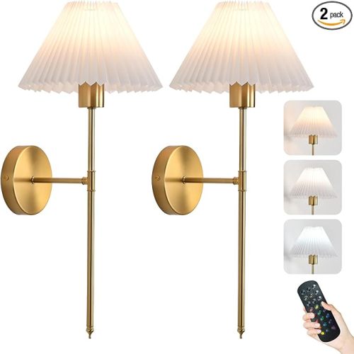 Rechargeable Wall Sconces Set of 2, Gold Battery Operated Wall Lights with Remote, Dimmable Pleated Shades Wall Lamp, 15 Colors Wireless Bathroom Vanity Wall Sconce for Bedroom Living Room Hallway