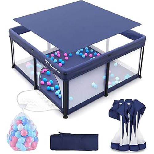 Foldable Baby Playpen for Babies and Toddlers, 50x50 Inch Portable Play Yard, Collapsible Play Pen with Mat, Visible Mesh, 50 Ocean Balls, Indoor/Outdoor Baby Fence Activity Center for Home