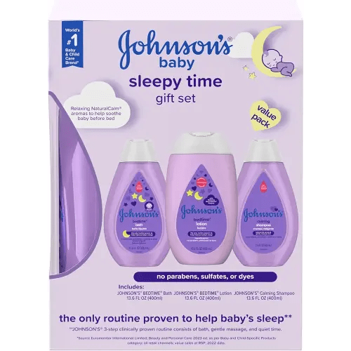 Johnson's Baby Sleepy Time Bedtime Gift Set with Relaxing NaturalCalm Aromas, Bedtime Baby Bath Shampoo, Wash & Lotion, Baby Bedtime Essentials, Hypoallergenic & Paraben-Free, 3 Items
