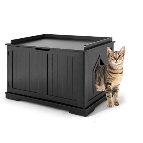 Costway Cat Litter Box Cabinet Furniture Cat Washroom Storage Bench Black