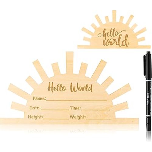 R HORSE Baby Birth Announcement Sign with Marker Pen, Boho Sun Wooden Baby Birth Sign Double Sided Hello World Newborn Announcement Sign Baby Name Sign Baby Shower Keepsakes Photo Props for Boy Girl