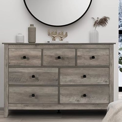 Vikiullf 7 Drawer Dresser - Wooden Bedroom Dresser, Gray Storage Drawers Cabinet for Bedroom, Living Room, Farmhouse Dresser Organizer, Rust Chest of Drawers