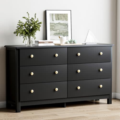HOUROM Black Dresser, Modern 6 Drawer Double Dresser for Bedroom with Gold Knobs, Adults & Kids Wide Dressers & Chests of Drawers for Hallway, Entryway