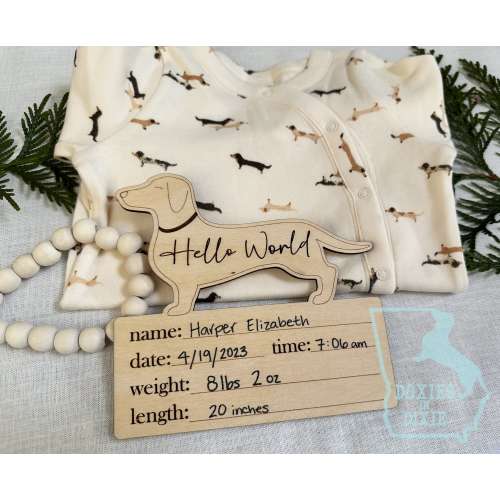 Personalized Birth Announcement Wooden Plaque Sign | Dachshund, Doxie, Wiener Dog Nursey, Baby Shower Gift