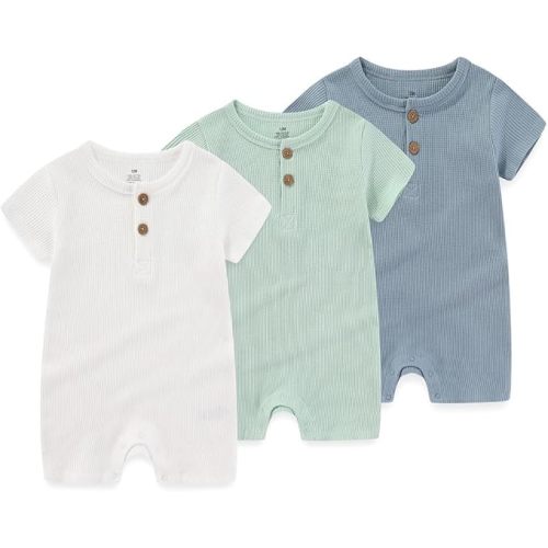 Newborn Baby Boys Girls One Piece Romper 3 Pack Short Sleeve Ribbed Button Multiple colors Jumpsuit Outfit Clothes - 3pack Short Sleeve Set8 - 6 months