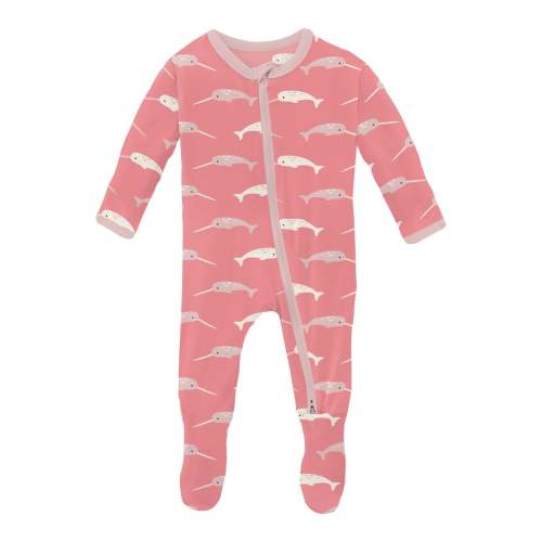 Print Footie with 2 Way Zipper in Strawberry Narwhal