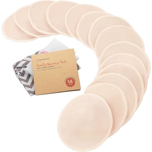 Organic Nursing Pads - 14 Washable Viscose Derived from Bamboo Breastfeeding Pads, Wash Bag, Reusable Breast Pads for Breastfeeding, Nipple Pads for Breastfeeding Essentials (Bare Beige, L 4.8")