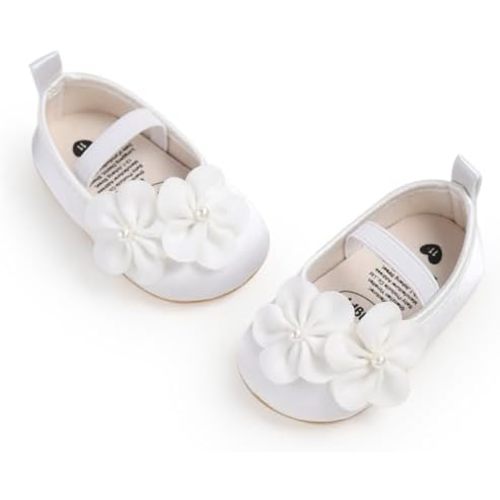 Baby Girls Mary Jane Flats with Bowknot Flowers Princess Wedding Dress Ballet Shoes Non-Slip Toddler First Walkers Newborn Crib Shoes