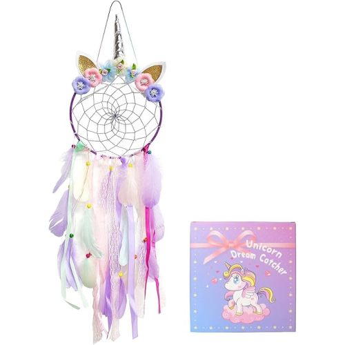 LED Lighted Up Unicorn Dream Catcher Wall Decor Colorful Feather Dreamcather Wall Hanging for Girls Kids Bedroom Decoration (Purple with Light)