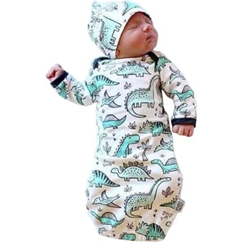 Unisex Baby Wearable Blanket with Hat Cap Cotton Sleeping Bag 2 Pcs Long Sleeve Nightgowns (Dinosaur, 0-6M)