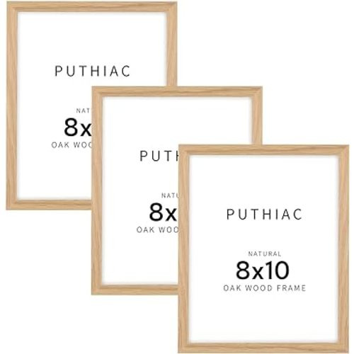 puthiac 8x10 Solid Oak Wood Picture Frame, Fits 6x8 with Mat or 8x10 Without Mat, Wall or Tabletop Display with Stand, Vertical or Horizontal, Plexi Front, 3 Pack, Natural Oak