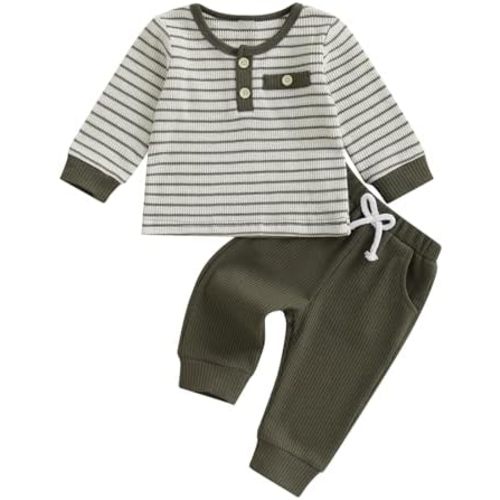 MERSARIPHY Toddler Infant Baby Boy Fall Winter Clothes Waffle Stripes Long Sleeve Sweatshirt Pullover Tops Pants Outfit Set