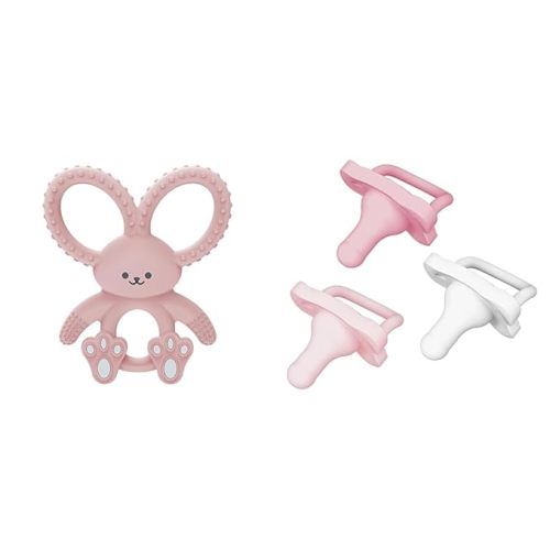 Dr. Brown's Flexees Pink Bunny Silicone Teether, HappyPaci Silicone Pacifier 0-6m 3 Pack, BPA Free