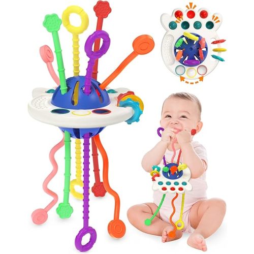 Yetonamr Baby Sensory Montessori Toys for 6-12-18 Months, Blue Pull String Teething Toy, Stocking Stuffers Birthday Gift Travel Toy for 1 2 Year Old Boy Girl Infant Toddlers 8 9 10 Months Old