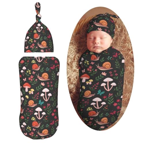 Muishi Mushrooms Snails Butterflies Newborn Swaddle Blankets Hat Sets Soft Baby Receiving Blanket Swaddle Sack for Baby Shower Infant Boy Girl Gift