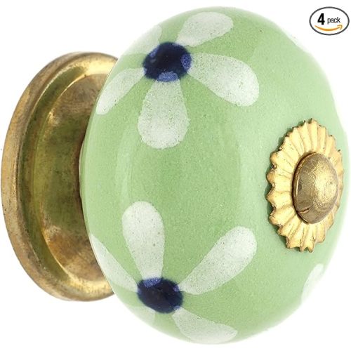 Handmade Ceramic Dresser Knobs for Drawers (4 Pack)- Olive Green Floral
