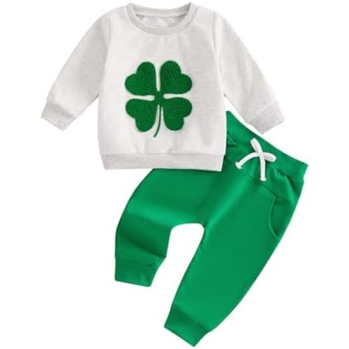 Toddler Baby Boy St. Patrick's Day Outfit Four Leaf Clover Embroidery Sweatshirt Elastic Waist Pants Set Irish Clothes