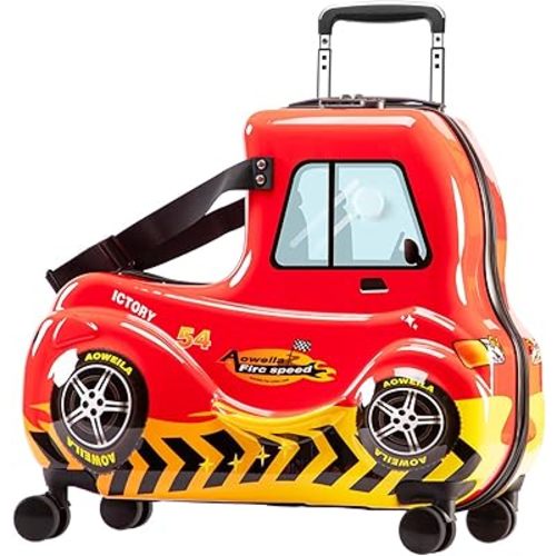 Kids Ride-On Luggage with Wheels Suitcase Fits to Toddler Aged 3-12 Years old (Red Car Checked-Large 25-Inch