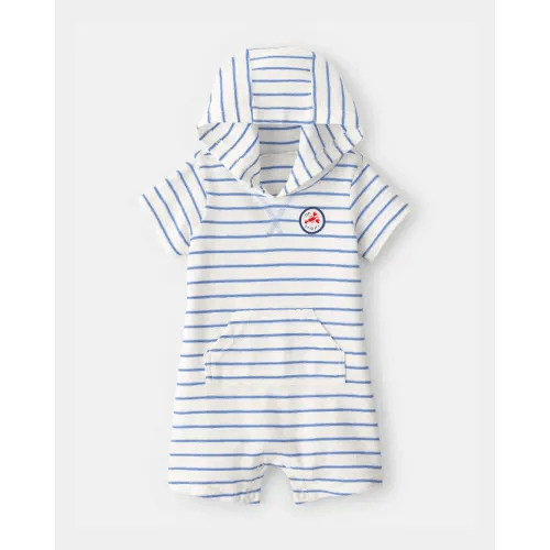 Baby Boy 'Oh Snap!' Lobster Stripe Short-Sleeve Hooded Romper - Blue/White | Carter's