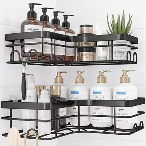 Corner Shower Caddy - 2 Pack, Adhesive Shower Organizers, Rustproof Stainless Steel Shower Shelves with 8 Hooks, No Drilling Bathroom Organizers and Storage Racks, Space-Saving, Black, Large