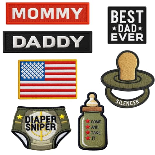 7 Pieces Embroidery Patches - Daddy and Mommy Funny Patches for Backpacks, Vest, Hats, Diaper Bags, Lunch Bags, Jackets end Cap Patch Mother's Day Father's Day Morale Patch with Hook and Loop on Back