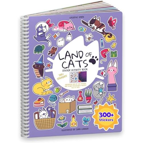 Land of Cats Sticker + Coloring Book (300+ Cat Stickers for Kids & 8 Scenes) by Cupkin, Side by Side Activity Book Design, Cat Sticker Books Kids Ages 4-8, Also Great for Older Boys & Girls