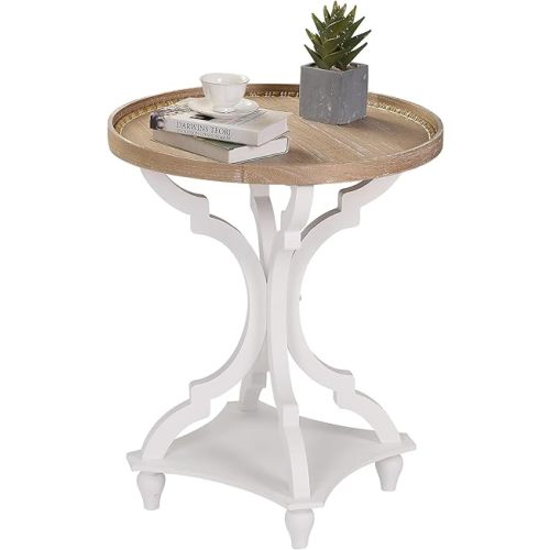Wnutrees Farmhouse Round Accent End Table, Rustic Side Table Nightstands for Living Room, Wood Tray Top, Handcrafted Finish, White