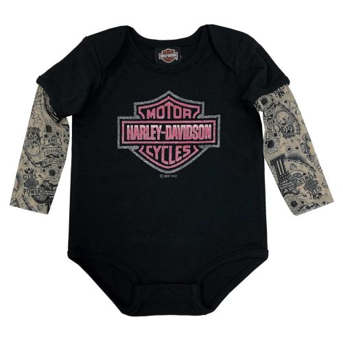 Harley-Davidson Baby Girls' Glitter B&S Mesh Tattoo Long Sleeve Creeper - Black