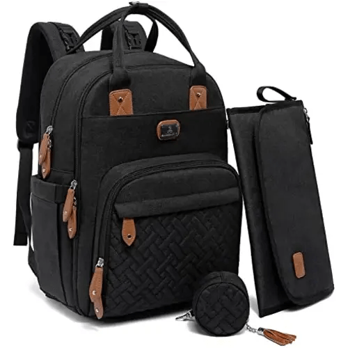 Dikaslon Diaper Bag Backpack with Portable Changing Pad, Pacifier Case and Stroller Straps, Large Unisex Baby Bags for Boys Girls, Multipurpose Travel Back Pack for Moms Dads, Black