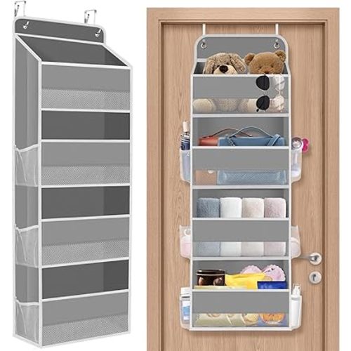 1 Pack Over The Door Organizer, Hanging Storage Organizer with Clear Window, 40lb Ultra Sturdy Large Capacity Room Organizer for Pantry Laundry Bathroom Nursery Closet Baby Essential (Grey)