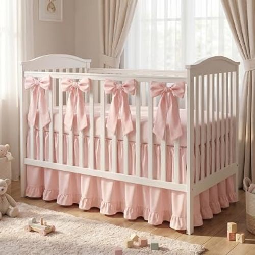 SmoothNovelty Pink Crib Bed Skirts with 4 Large Cot Bow 28" x 52" Baby Crib Skirt for Boys Girls Nursery Toddler Bedskirt Dust Ruffle 14" Drop