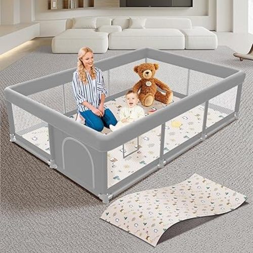 Baby Playpen with Mat 74x50 inch, Playpen for Babies and Toddlers, Baby Play Pen Design with External Zipper Gate, Baby Play Yard with Non-Slip Suction Cups on The Bottom, Baby Fence