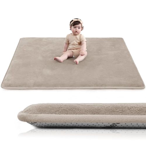 Baby Play Mat for Floor,1.3" Thick Elasti-Foam 50"×50" Playpen Mat for Tummy Time,Water Repellent Soft Coral Velvet for Toddler,Infant,Kids,Non-Slip Backing Safe for Crawling(Beige)