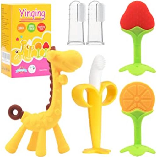 Teething Toys for Babies 3-6 Months | 6-12 Months, Baby Teether Relief Sore Gums, Banana Finger Toothbrushes, Silicone Fruit Shape Giraffe Teethers with Box, Bpa-Free