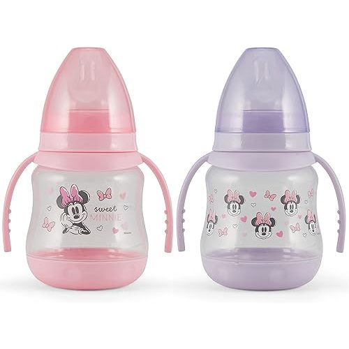 Disney 2 Pack 7 Ounce Baby Bottles with Character Prints and Colored Covers with Double Handle - BPA Free and Easy to Clean